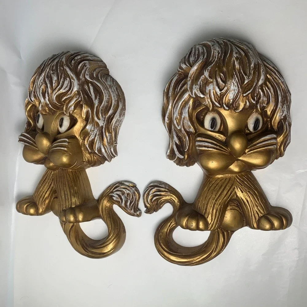 Vintage 1975 Homco Lion Wall Plaques Gold Pair Universal Statuary Corp 7375 7376